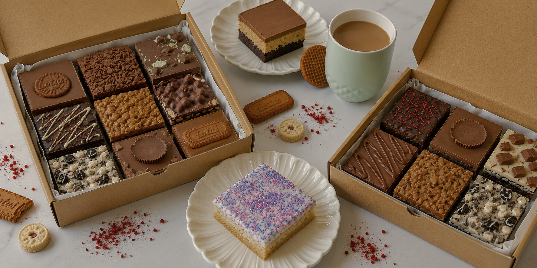 Box of brownies and treats on marble worktop.